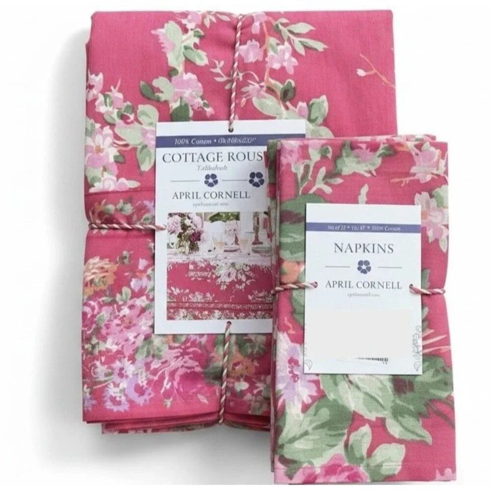 April Cornell Cottage Rose Tablecloth 60x120 Pink 12 Cloth Napkins 13 PC Floral